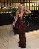 Veronica | Sequin Maxi – Deep V Neck Spaghetti Strap Disc Sequin Formal Wedding Guest Dress