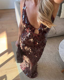 Veronica | Sequin Maxi – Deep V Neck Spaghetti Strap Disc Sequin Formal Wedding Guest Dress