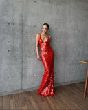 Veronica | Sequin Maxi – Deep V Neck Spaghetti Strap Disc Sequin Formal Wedding Guest Dress