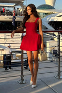 Vicky | Square Neck Mini – Thick Strap Structured A-Line Skater Party Dress