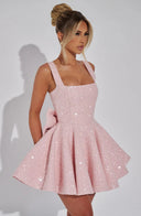 Victoria | Sequin Tweed Mini Party Occasion Dress – Square Neck Bow Back Fit Flare