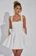 Victoria | Sequin Tweed Mini Party Occasion Dress – Square Neck Bow Back Fit Flare