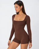 Vienna | Solid Romper – Loungewear Square Neck Long Sleeve Lace Trim Bow