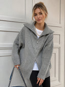 Violeta | Oversized Zip Cardigan – Casual High Collar Long Sleeve Ribbed Cuffs