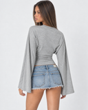 Violetta | Ruched Crop Top – Casual Crew Neck Long Bell Sleeve Gathered Waist