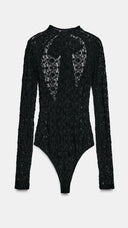 Vivian | Lace Two Piece Set – High Neck Long Sleeve Bodysuit Bow Mini Skirt Set