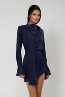 Winslow | Satin Mini – Cowl Neck Scarf Long Sleeve Pleated Skirt Party Dress