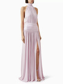 Dorien | Halter Neck Pleated Slit Maxi – Sleeveless Evening Party Dress