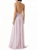 Dorien | Halter Neck Pleated Slit Maxi – Sleeveless Evening Party Dress
