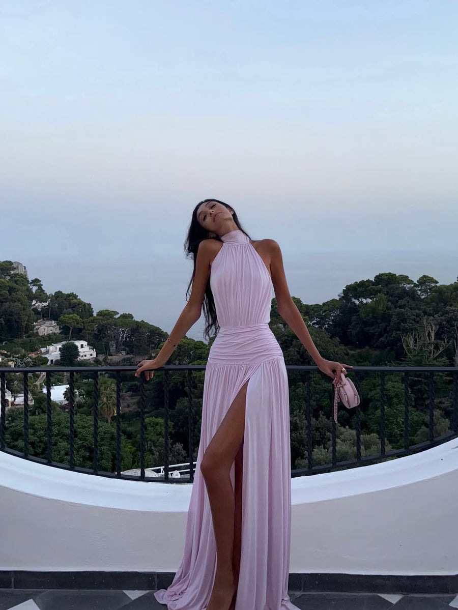 Dorien | Halter Neck Pleated Slit Maxi – Sleeveless Evening Party Dress