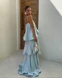 Stevie | Spaghetti Strap Tiered Ruffle Satin Maxi – Open Back Occasion Dress