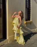 Stevie | Spaghetti Strap Tiered Ruffle Satin Maxi – Open Back Occasion Dress