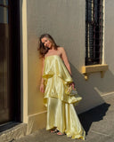 Stevie | Spaghetti Strap Tiered Ruffle Satin Maxi – Open Back Occasion Dress