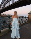 Stevie | Spaghetti Strap Tiered Ruffle Satin Maxi – Open Back Occasion Dress