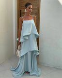 Stevie | Spaghetti Strap Tiered Ruffle Satin Maxi – Open Back Occasion Dress