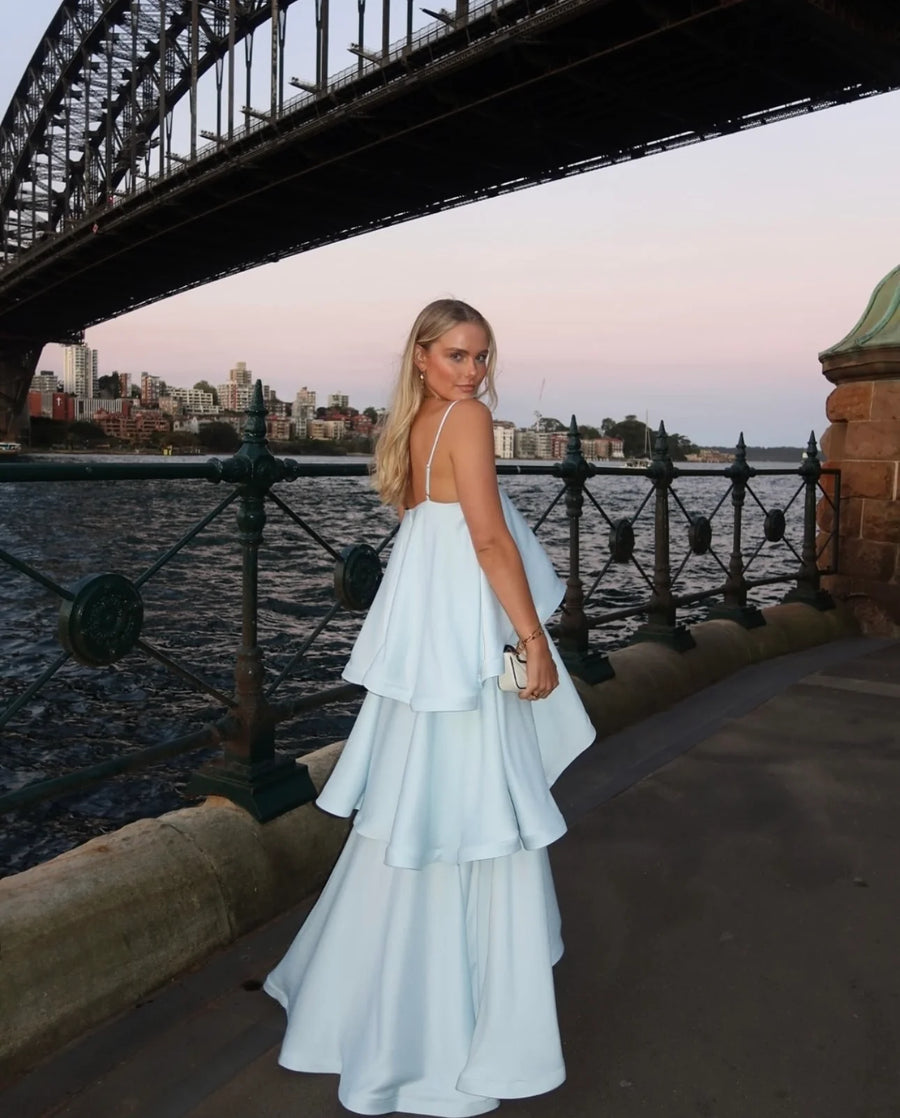 Stevie | Spaghetti Strap Tiered Ruffle Satin Maxi – Open Back Occasion Dress
