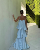 Stevie | Spaghetti Strap Tiered Ruffle Satin Maxi – Open Back Occasion Dress