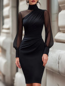 Xenia | Ruched Mini Dress – Evening Mock Neck Sheer Puff Sleeves Draped Front