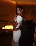 Yara | One Shoulder Ruched Set – Crop Top Flared Maxi Skirt Evening