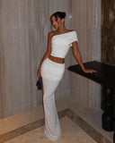Yara | One Shoulder Ruched Set – Crop Top Flared Maxi Skirt Evening