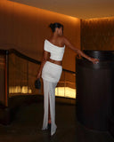 Yara | One Shoulder Ruched Set – Crop Top Flared Maxi Skirt Evening