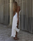 Yasmine | Halter Ruched Mini Dress – 3D Rose Asymmetric Ruffle Hem Summer Party