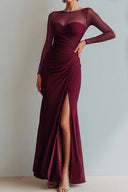Yesenia | Ruched Maxi Dress – Evening Sheer Long Sleeve Sweetheart High Slit