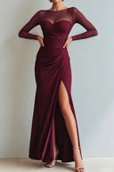 Yesenia | Ruched Maxi Dress – Evening Sheer Long Sleeve Sweetheart High Slit