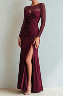 Yesenia | Ruched Maxi Dress – Evening Sheer Long Sleeve Sweetheart High Slit