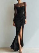 Yesenia | Ruched Maxi Dress – Evening Sheer Long Sleeve Sweetheart High Slit