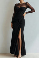 Yesenia | Ruched Maxi Dress – Evening Sheer Long Sleeve Sweetheart High Slit