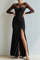 Yesenia | Ruched Maxi Dress – Evening Sheer Long Sleeve Sweetheart High Slit