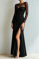 Yesenia | Ruched Maxi Dress – Evening Sheer Long Sleeve Sweetheart High Slit