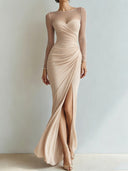 Yesenia | Ruched Maxi Dress – Evening Sheer Long Sleeve Sweetheart High Slit