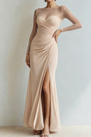 Yesenia | Ruched Maxi Dress – Evening Sheer Long Sleeve Sweetheart High Slit
