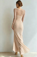 Yesenia | Ruched Maxi Dress – Evening Sheer Long Sleeve Sweetheart High Slit