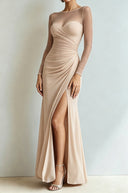 Yesenia | Ruched Maxi Dress – Evening Sheer Long Sleeve Sweetheart High Slit
