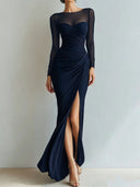 Yesenia | Ruched Maxi Dress – Evening Sheer Long Sleeve Sweetheart High Slit