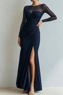 Yesenia | Ruched Maxi Dress – Evening Sheer Long Sleeve Sweetheart High Slit