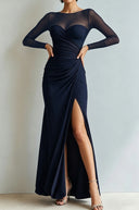 Yesenia | Ruched Maxi Dress – Evening Sheer Long Sleeve Sweetheart High Slit