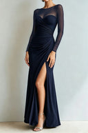 Yesenia | Ruched Maxi Dress – Evening Sheer Long Sleeve Sweetheart High Slit