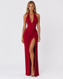Younis | Ruched Halter Maxi Dress – Evening Plunge Neck Draped Front High Slit