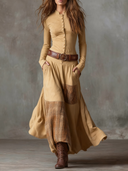 Yvonne | Belted Midi Dress – Casual V Neck Long Sleeve Button Front Pockets