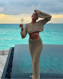 Zafrina | Crochet Two Piece Set – Long Sleeve Crop Top Drawstring Maxi Skirt Co-ord