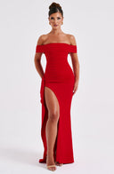 Zelda | Off Shoulder Maxi Dress – Ruched Bodice High Slit Side Drape