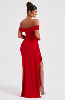Zelda | Off Shoulder Maxi Dress – Ruched Bodice High Slit Side Drape
