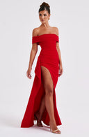 Zelda | Off Shoulder Maxi Dress – Ruched Bodice High Slit Side Drape