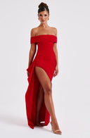 Zelda | Off Shoulder Maxi Dress – Ruched Bodice High Slit Side Drape