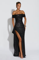 Zelda | Off Shoulder Maxi Dress – Ruched Bodice High Slit Side Drape