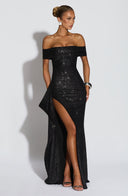 Zelda | Off Shoulder Maxi Dress – Ruched Bodice High Slit Side Drape